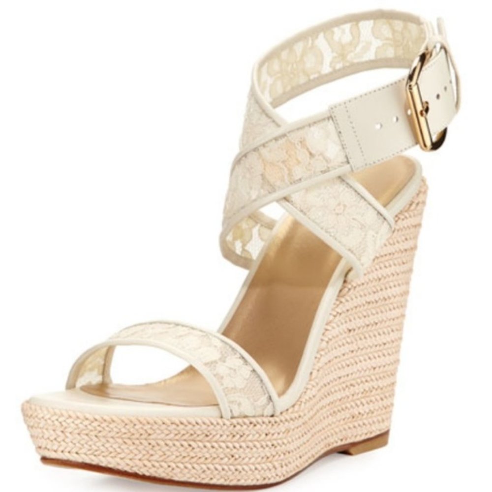 Stuart Weitzman Cream Lace Espadrille Wedge Sandals